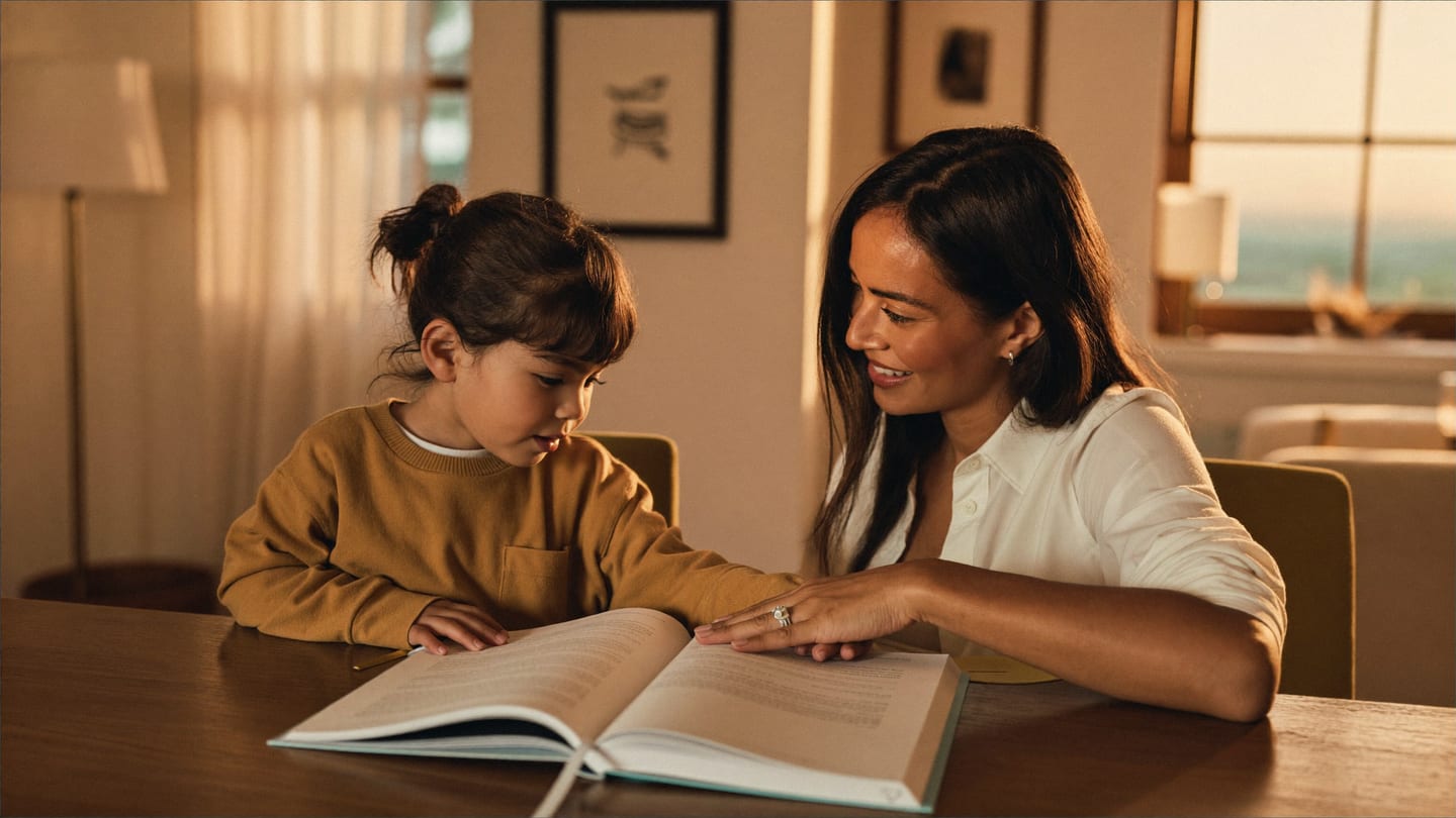 A parent and child studying together at home