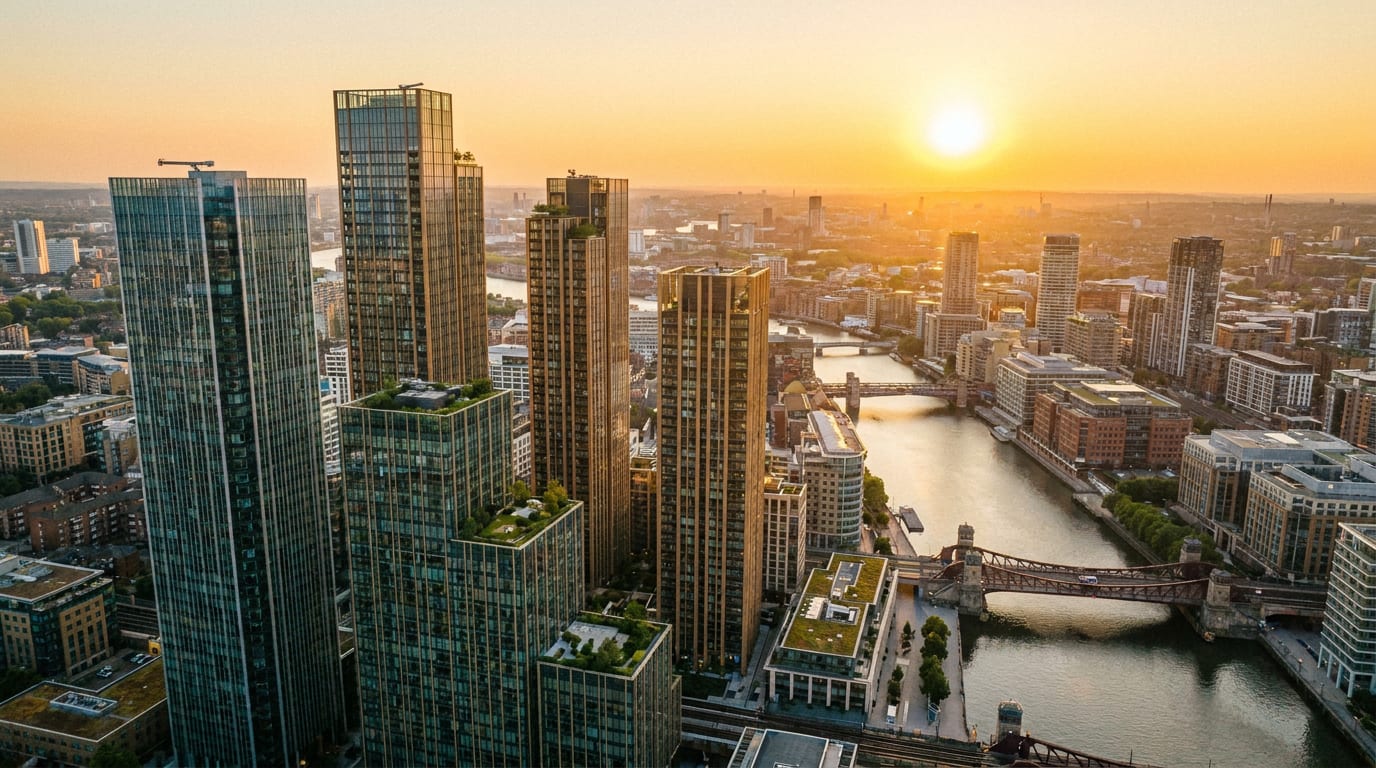 A modern city skyline at golden hour