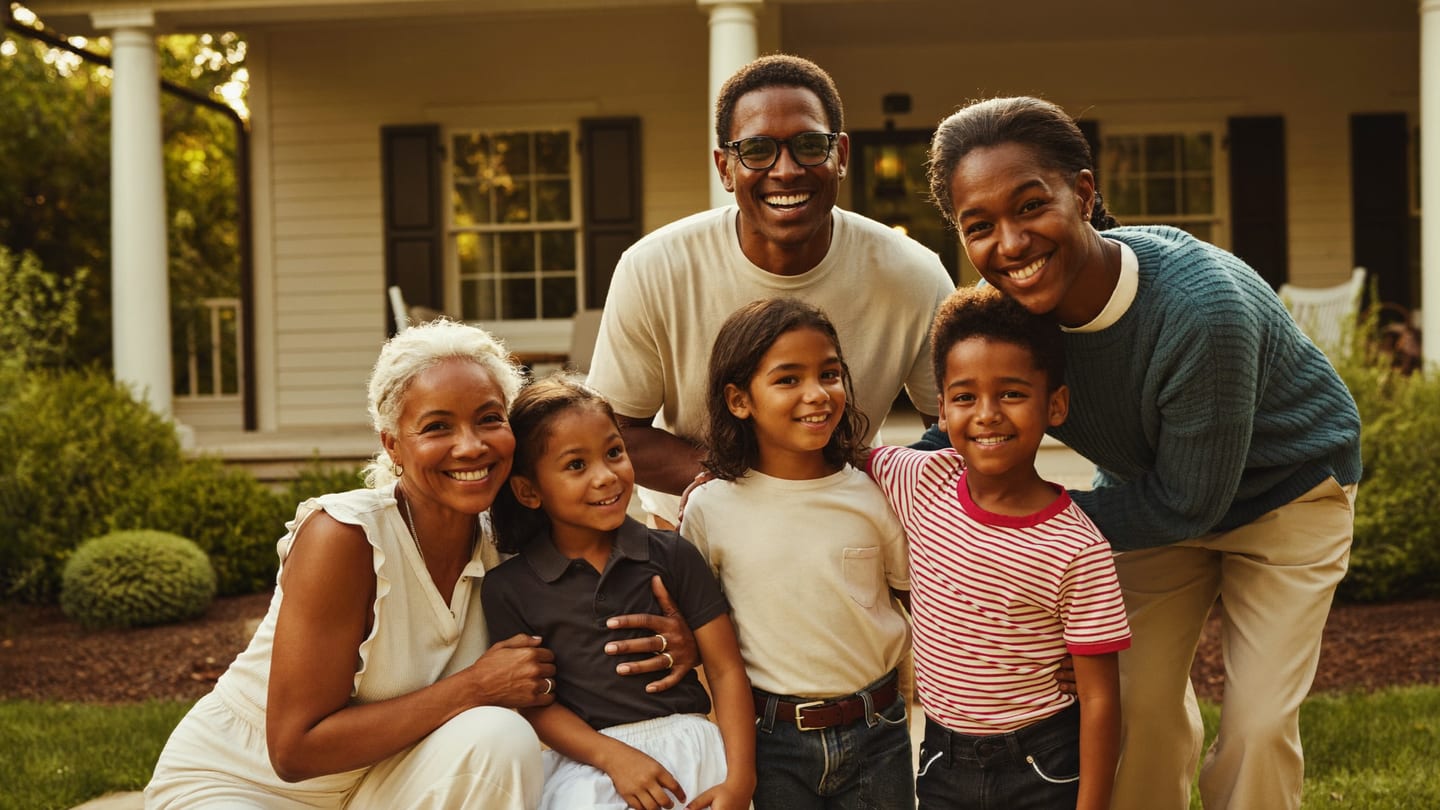 A family together outside their home